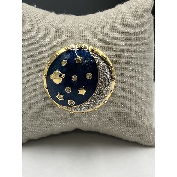 Swarovski Swan Blue Enamel Pave Crystal Star Moon Saturn Brooch & Clip Earrings - Picture 2 of 15